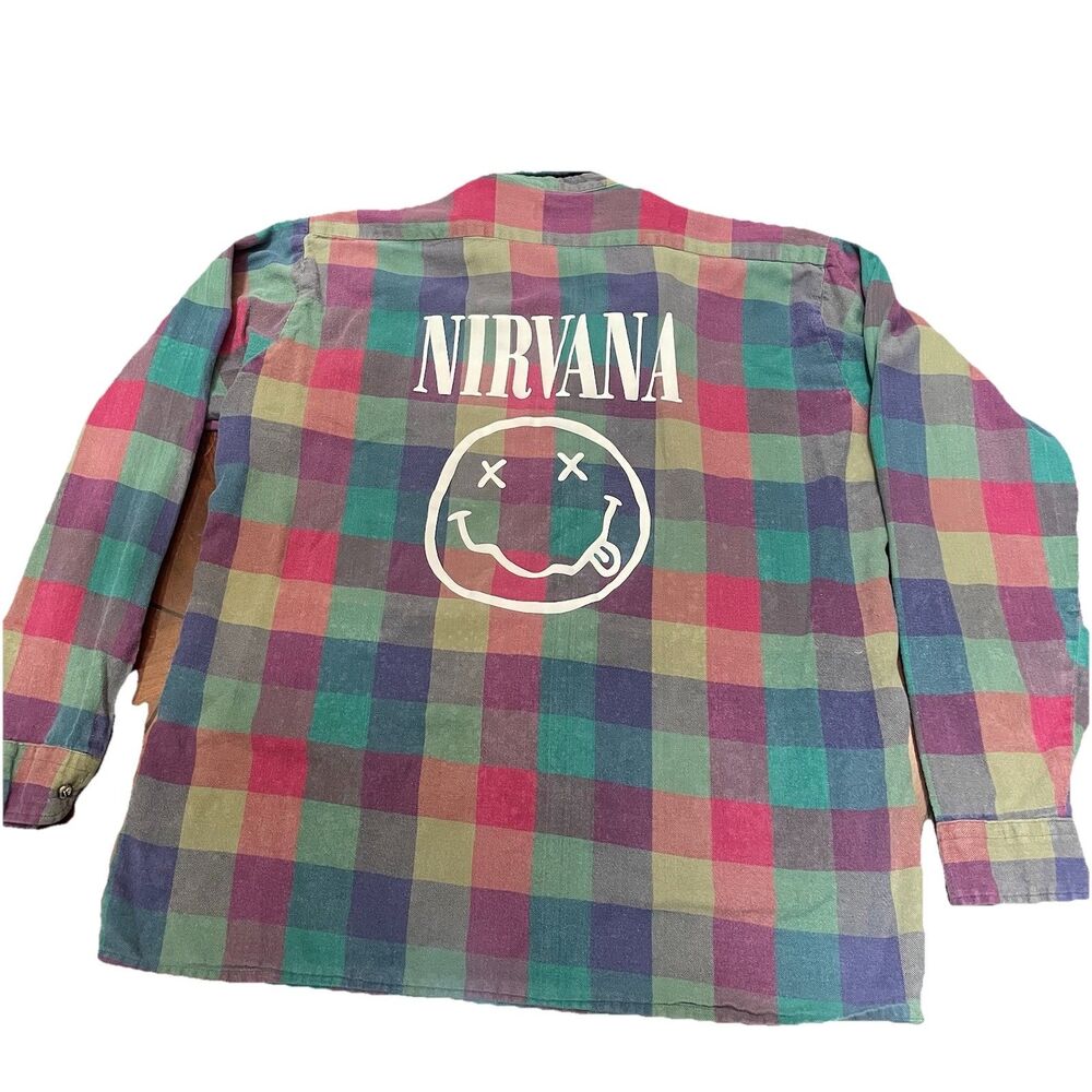 VTG Nirvana Reworked Plaid Flannel Shirt XL Huge Back Graphic Grunge Upcycled